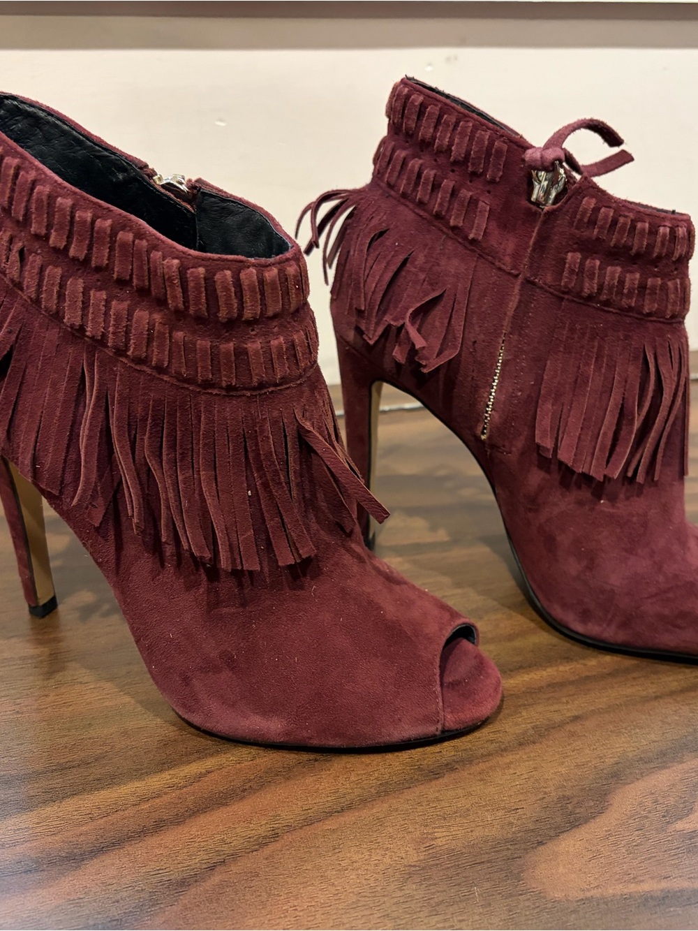 Rebecca Minkoff Burgundy Suede Fringe Peep-Toe Ankle Boots